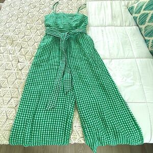 J Crew size 0 green white gingham wide legged romper with tie waste